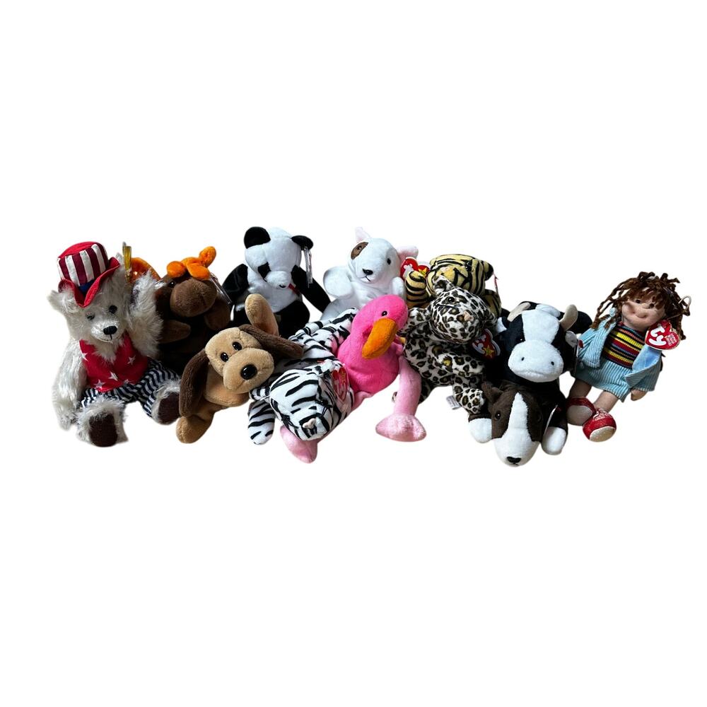 Ty Beanie Baby Lot of 12 Mixed Animals with Hanging Tags Excellent Condition